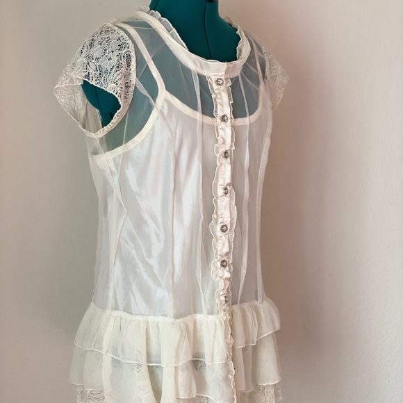White Babydoll  Rhinestone button-up silk blouse L - Picture 6 of 10